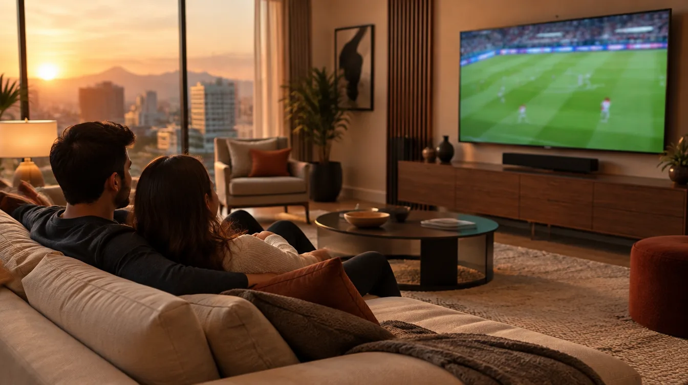 Escena referencial de una pareja disfrutando fútbol en su sala